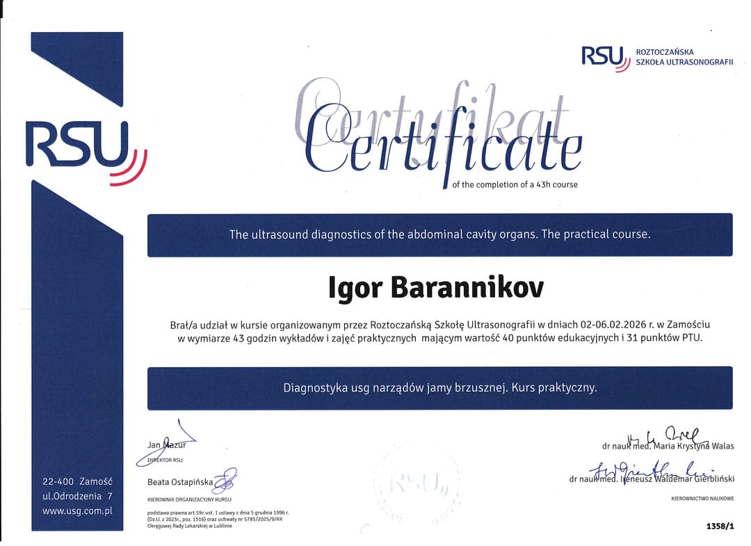 Certyfikat Diagnostyka USG jama brzuszna Igor Barannikov