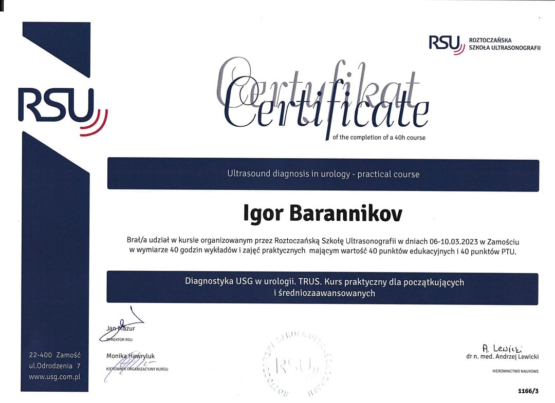 Certyfikat Diagnostyka USG w urologii Igor Barannikov