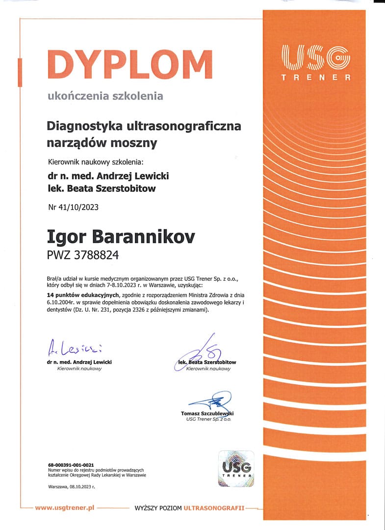 Dyplom ukończenia szkolenia Igor Barannikov Diagnostyka ultrasonograficzna narządów moszny